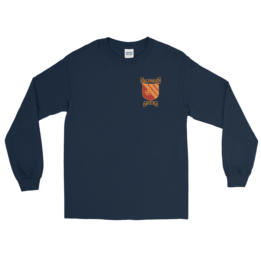 USS Gridley (DLG-21) Ship's Crest Long Sleeve Shirt – front view, navy