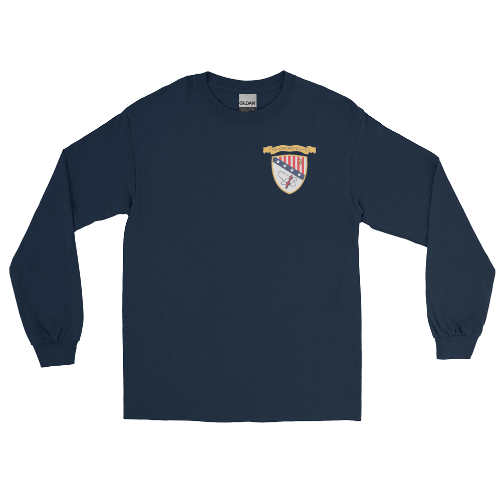 USS Chicago (CG-11) Ship's Crest Long Sleeve Shirt - Gold – front view, navy