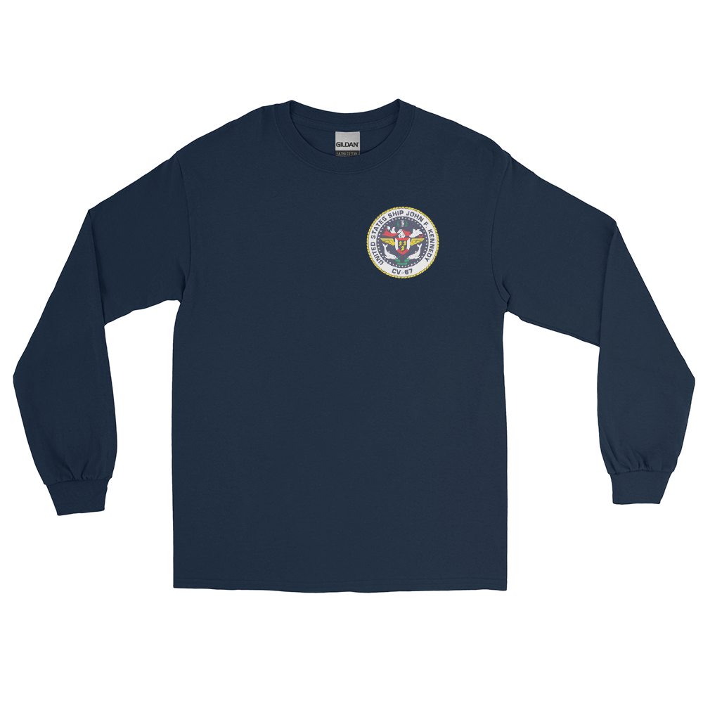 USS John F. Kennedy (CV-67) 1988-89 Long Sleeve Cruise Shirt – front view, navy