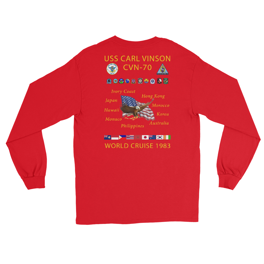 USS Carl Vinson (CVN-70) 1983 Long Sleeve Cruise Shirt – back view, red