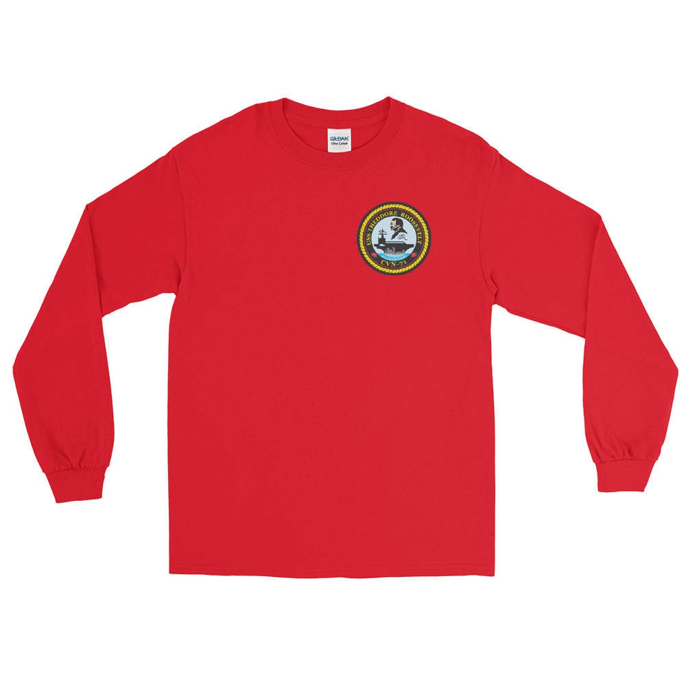 USS Theodore Roosevelt (CVN-71) Ship's Crest Long Sleeve Shirt – front view, red