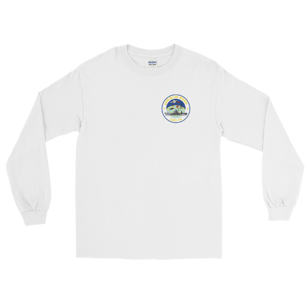 USS Blue Ridge (LCC-19) Ship's Crest Long Sleeve Shirt – front view, white