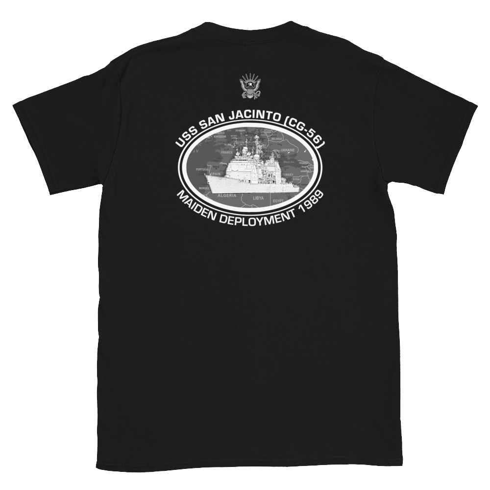 USS San Jacinto (CG-56) 1989 Deployment Short-Sleeve T-Shirt – back view, black