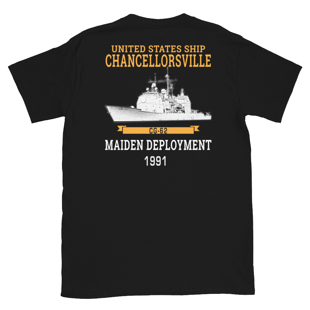 USS Chancellorsville (CG-62) 1991 Maiden Deployment Short-Sleeve T-Shirt – back view, black