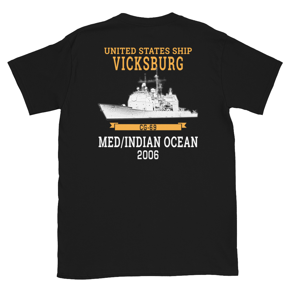 USS Vicksburg (CG-69) 2006 MED/IO Short-Sleeve Unisex T-Shirt – back view, black