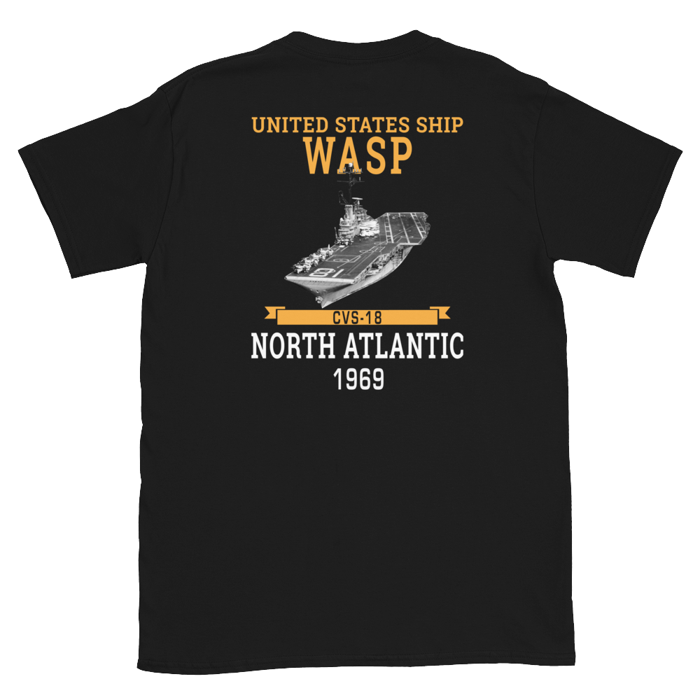 USS Wasp (CVS-18) 1969 N. ATLANTIC Short-Sleeve Unisex T-Shirt – back view, black