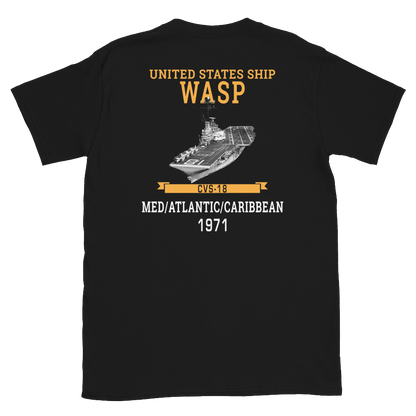 USS Wasp (CVS-18) 1971 MED/ATLANTIC/CARIBBEAN Short-Sleeve Unisex T-Shirt – back view, black