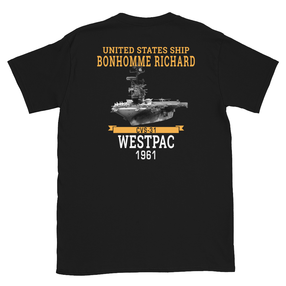 USS Bonhomme Richard (CVS-31) 1961 WESTPAC Short-Sleeve Unisex T-Shirt – back view, black