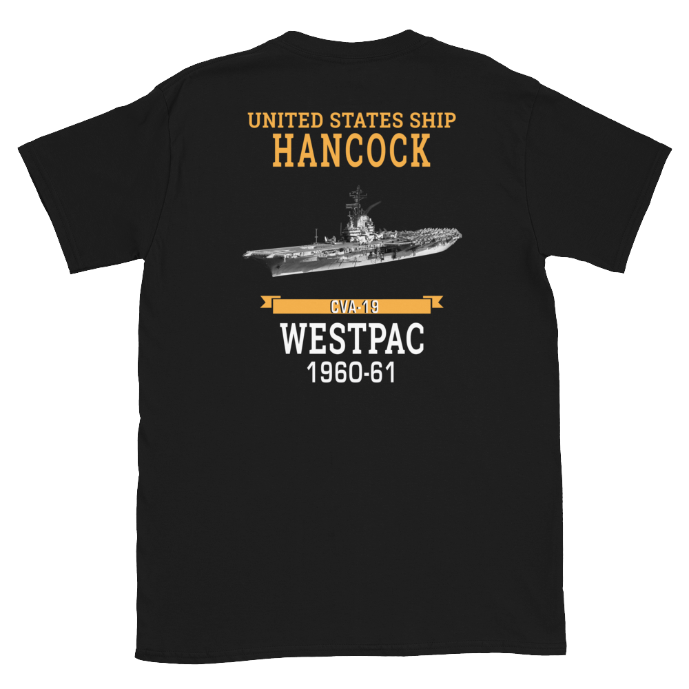 USS Hancock (CVA-19) 1960-61 WESTPAC Short-Sleeve Unisex T-Shirt – back view, black