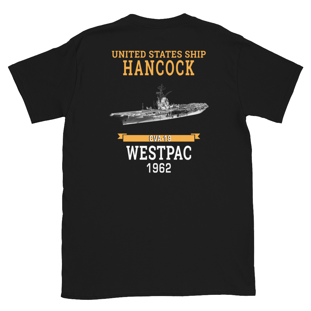USS Hancock (CVA-19) 1962 WESTPAC Short-Sleeve Unisex T-Shirt – back view, black