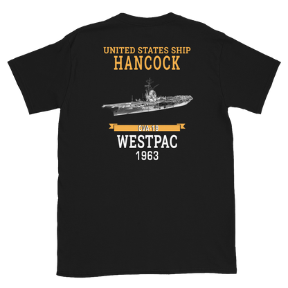 USS Hancock (CVA-19) 1963 WESTPAC Short-Sleeve Unisex T-Shirt – back view, black