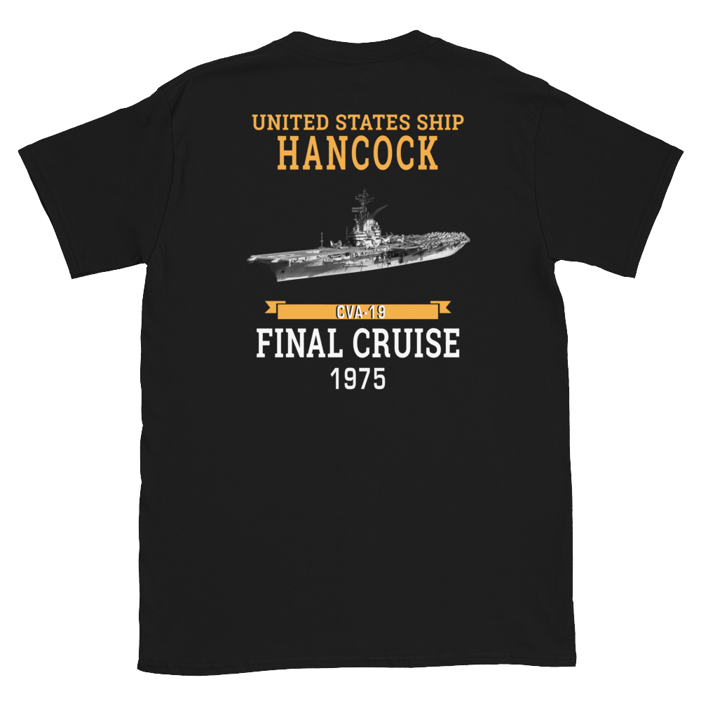 USS Hancock (CVA-19) 1975 FINAL CRUISE Short-Sleeve Unisex T-Shirt – back view, black