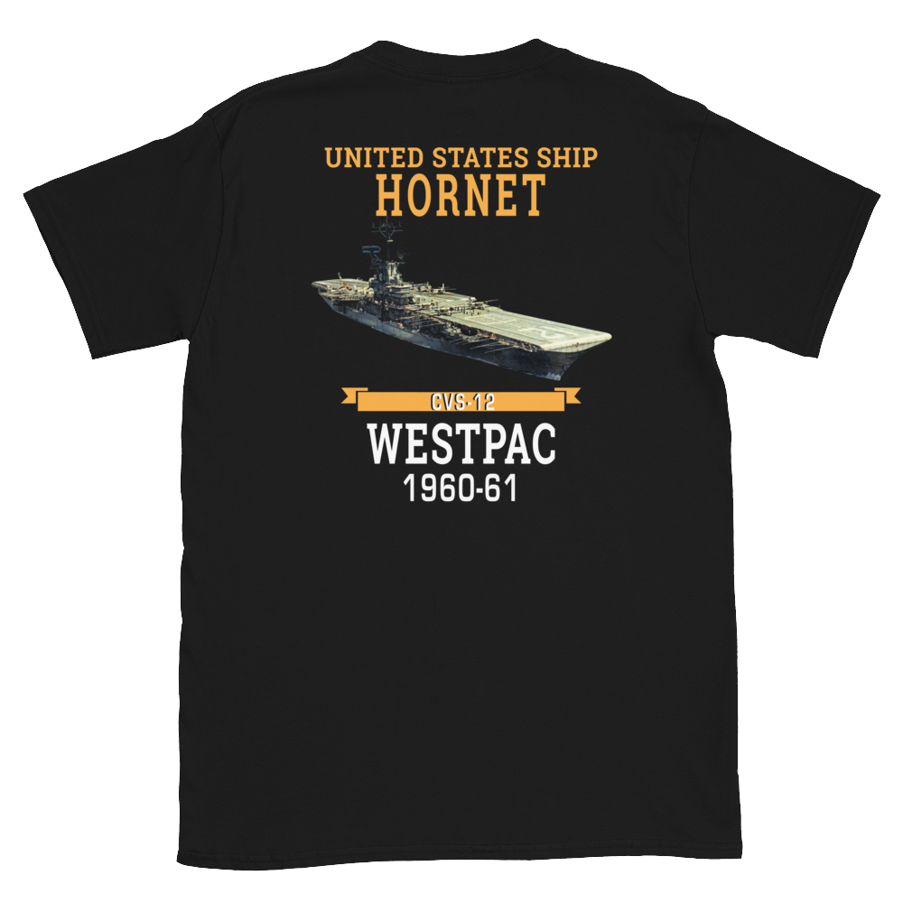 USS Hornet (CVS-12) 1960-61 WESTPAC T-Shirt – back view, black
