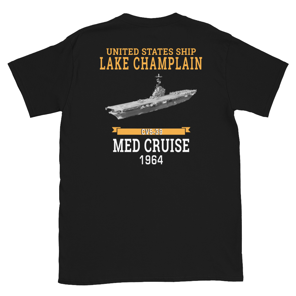 USS Lake Champlain (CVS-39) 1964 MED CRUISE T-Shirt – back view, black