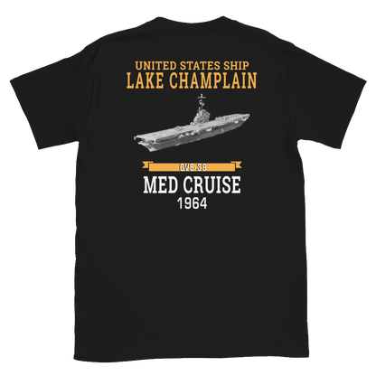 USS Lake Champlain (CVS-39) 1964 MED CRUISE T-Shirt – back view, black