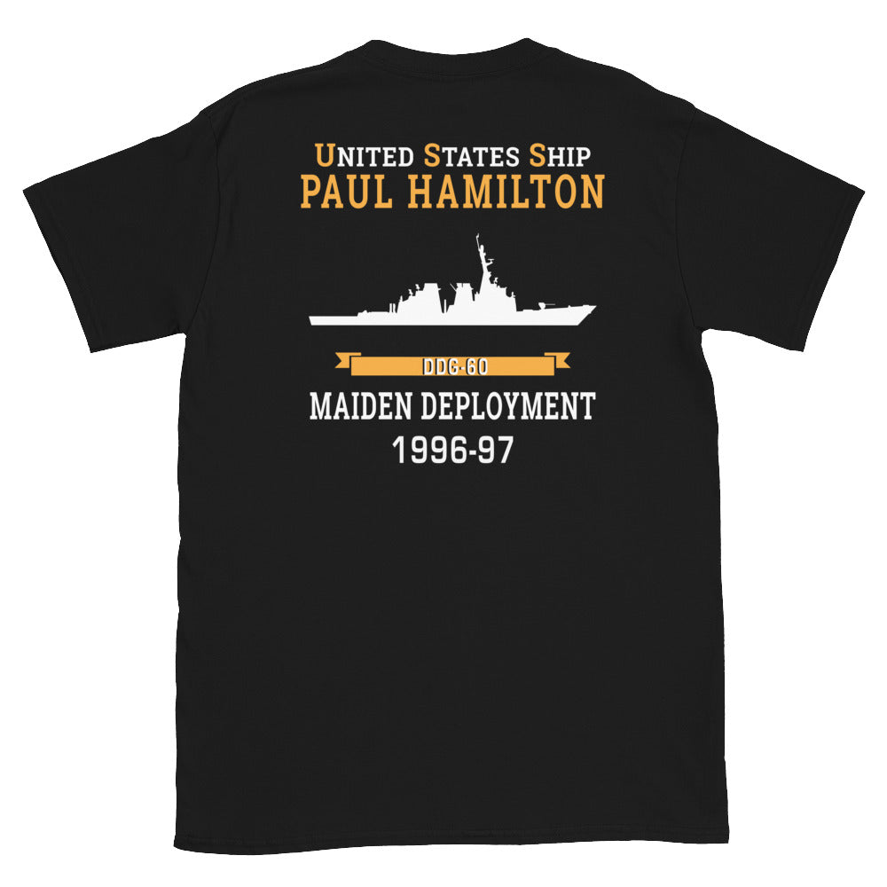 USS Paul Hamilton (DDG-60) 1996-97 MAIDEN DEPLOYMENT Short-Sleeve Unisex T-Shirt – back view, black