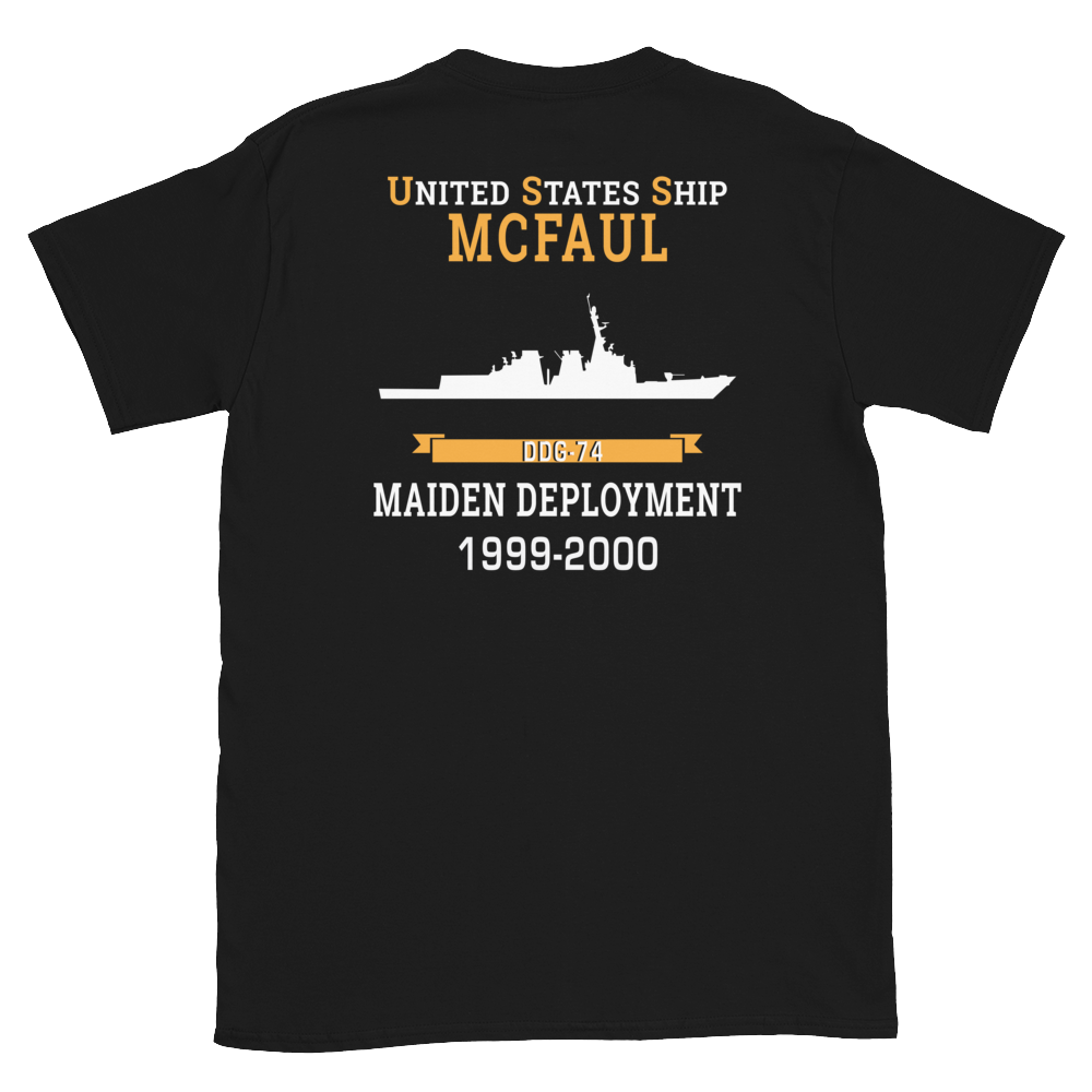 USS McFaul (DDG-74) 1999-2000 MAIDEN DEPLOYMENT Short-Sleeve Unisex T-Shirt – back view, black