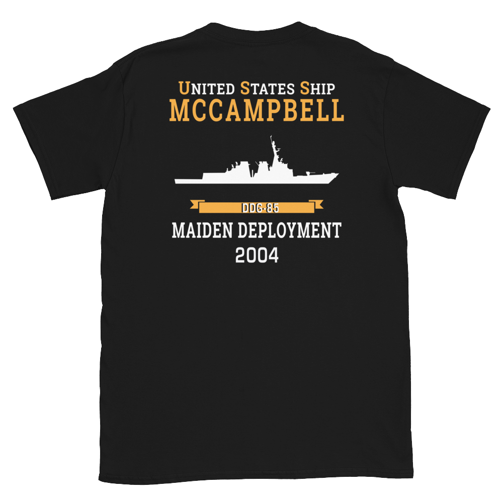 USS McCampbell (DDG-85) 2004 MAIDEN DEPLOYMENT Short-Sleeve Unisex T-Shirt – back view, black