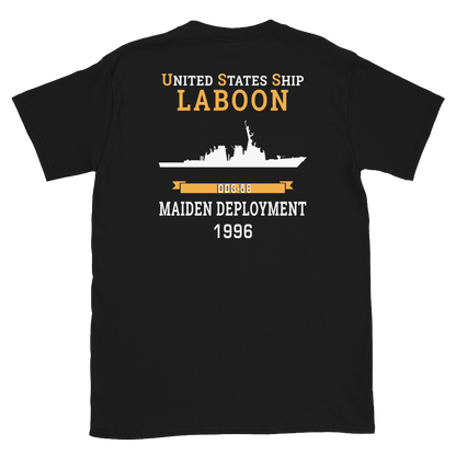 USS Laboon (DDG-58) 1996 MAIDEN DEPLOYMENT Short-Sleeve Unisex T-Shirt – back view, black