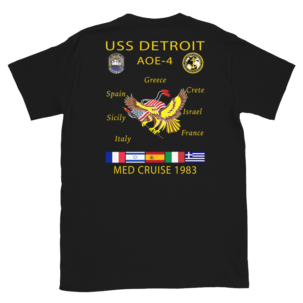 USS Detroit (AOE-4) 1983 Med Cruise T-Shirt – back view, black