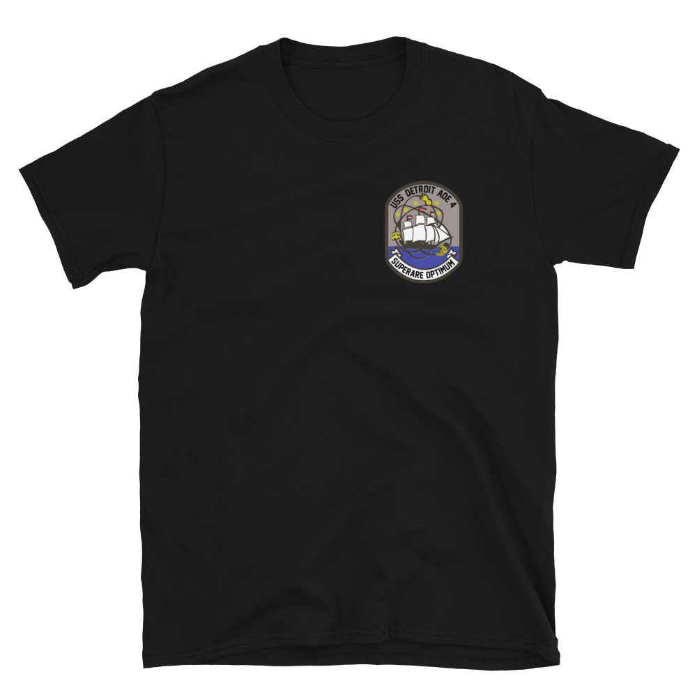 USS Detroit (AOE-4) 1983 Med Cruise T-Shirt – front view, black