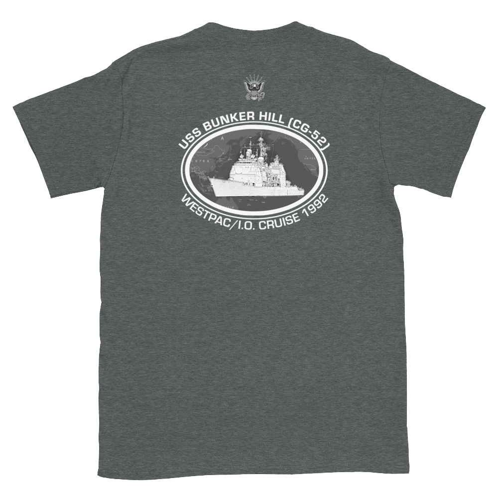 USS Bunker Hill (CG-52) 1992 Deployment Short-Sleeve T-Shirt – back view, heather