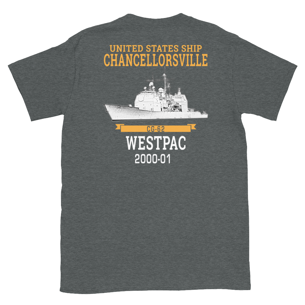 USS Chancellorsville (CG-62) 2000-01 WESTPAC Short-Sleeve T-Shirt – back view, heather