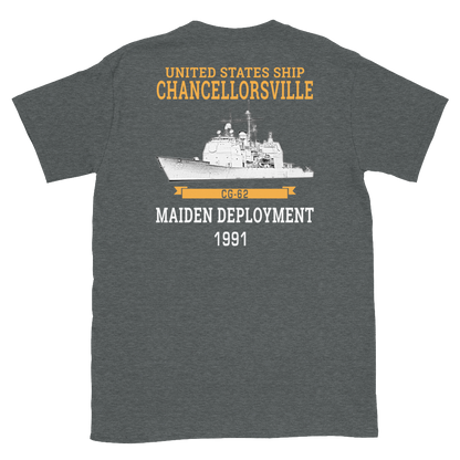 USS Chancellorsville (CG-62) 1991 Maiden Deployment Short-Sleeve T-Shirt – back view, heather