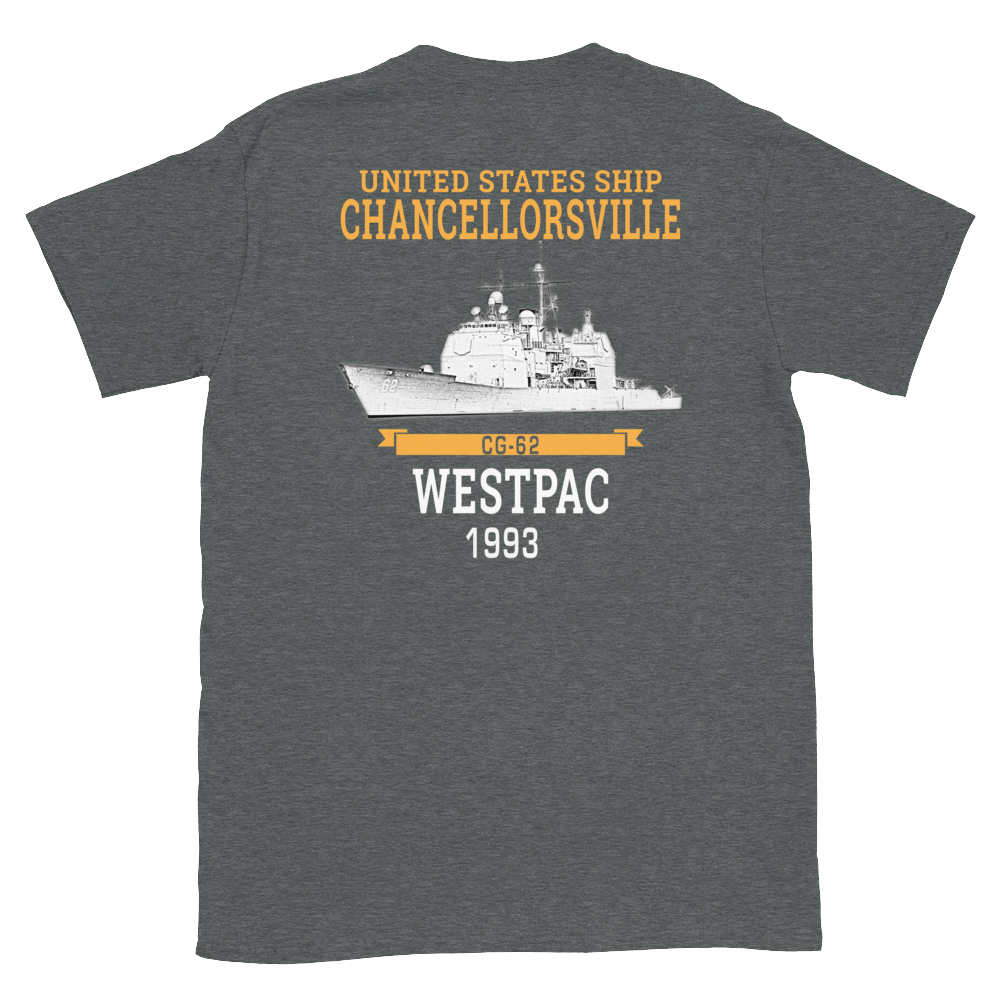 USS Chancellorsville (CG-62) 1993 WESTPAC Short-Sleeve T-Shirt – back view, heather