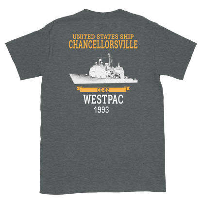 USS Chancellorsville (CG-62) 1993 WESTPAC Short-Sleeve T-Shirt – back view, heather