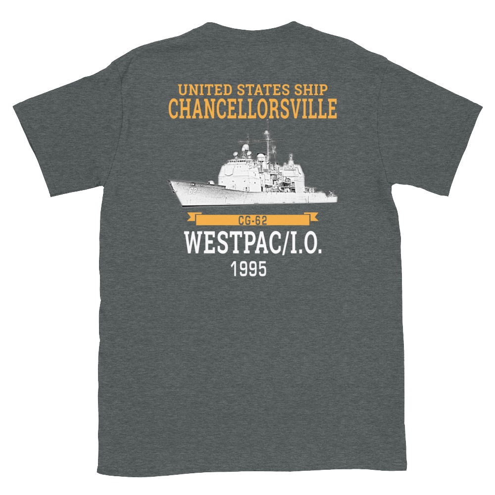 USS Chancellorsville (CG-62) 1995 WESTPAC/IO Short-Sleeve T-Shirt – back view, heather