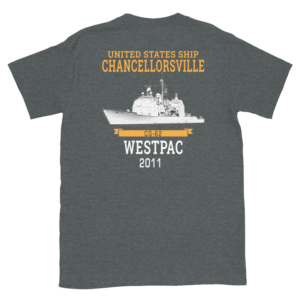 USS Chancellorsville (CG-62) 2011 WESTPAC Short-Sleeve T-Shirt – back view, heather