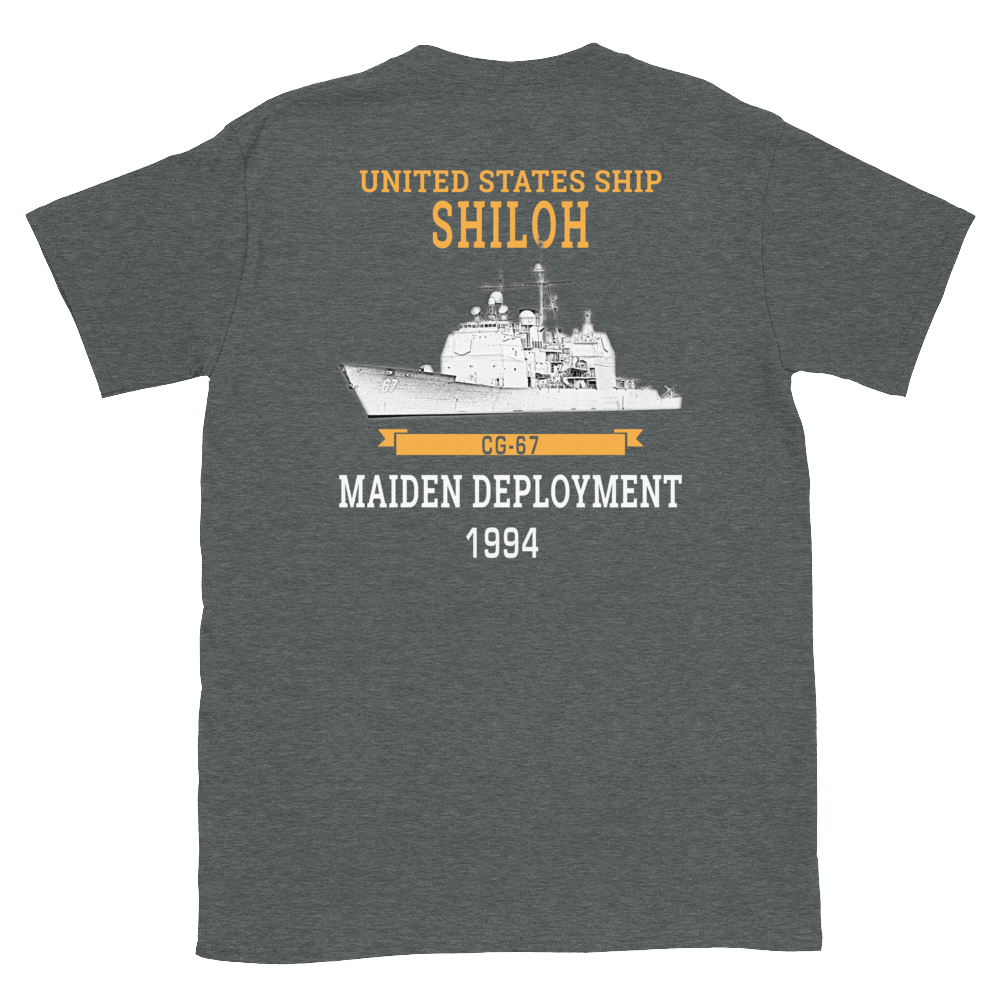USS Shiloh (CG-67) 1994 Maiden Deployment Short-Sleeve T-Shirt – back view, heather