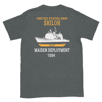 USS Shiloh (CG-67) 1994 Maiden Deployment Short-Sleeve T-Shirt – back view, heather