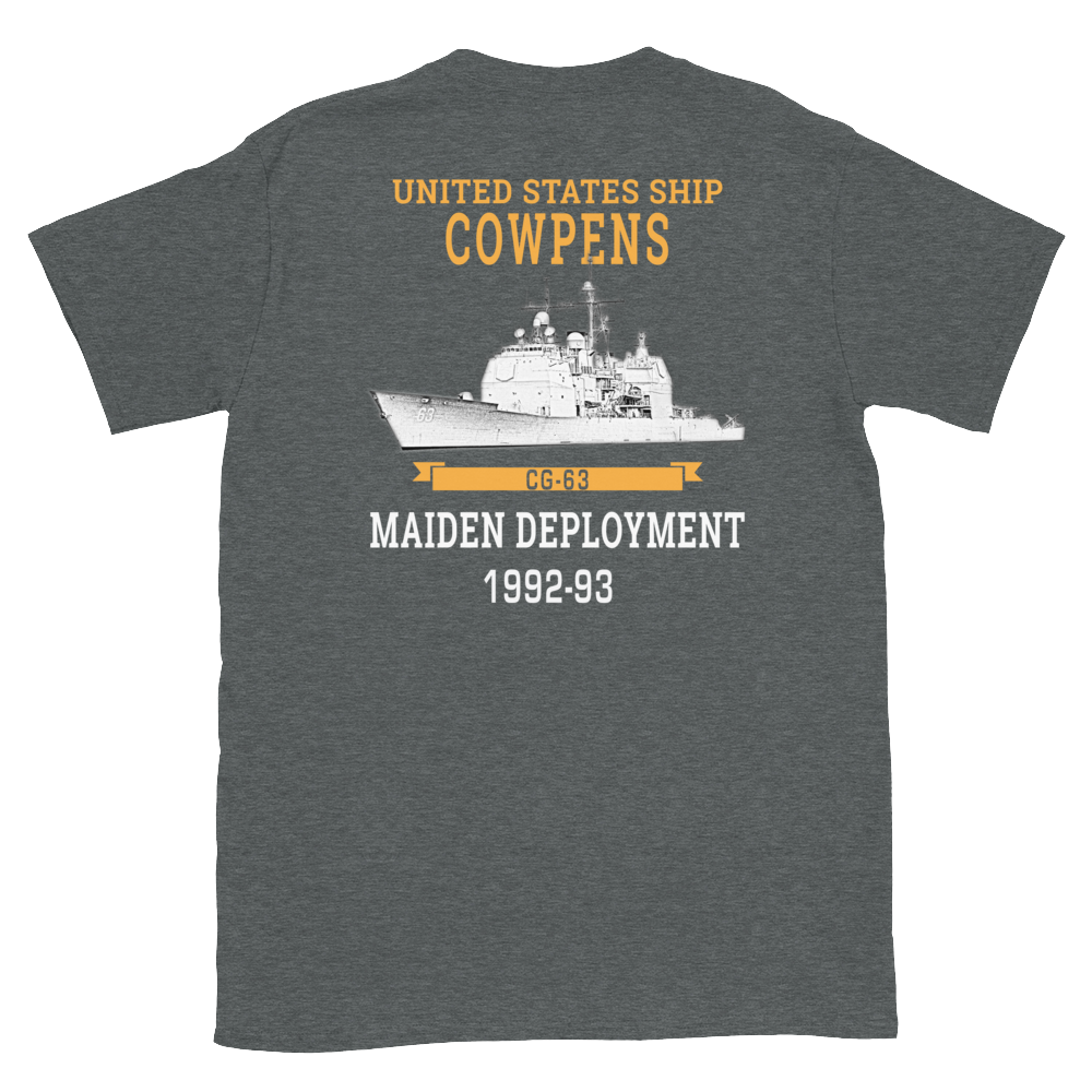 USS Cowpens (CG-63) 1992-93 Maiden Deployment Short-Sleeve T-Shirt – back view, heather