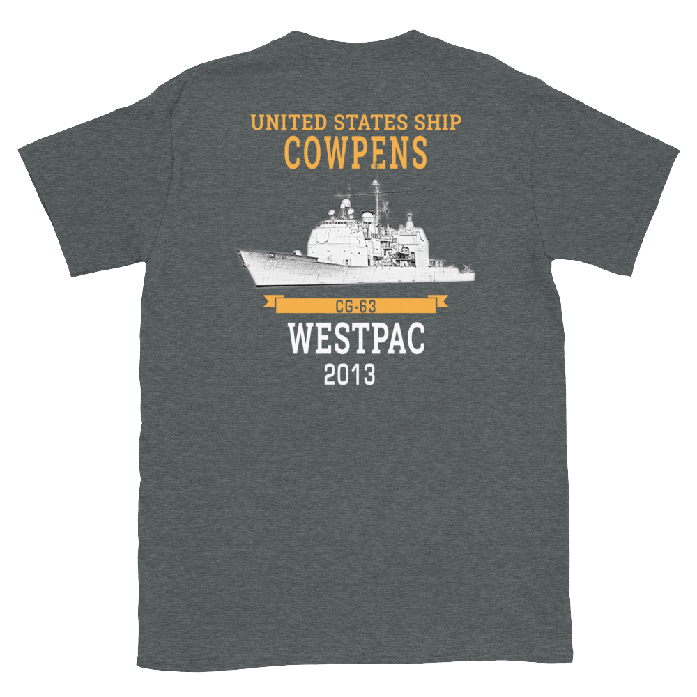 USS Cowpens (CG-63) 2013 WESTPAC Short-Sleeve T-Shirt – back view, heather