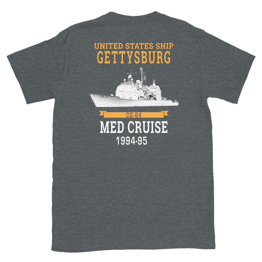 USS Gettysburg (CG-64) 1994-95 MED Short-Sleeve T-Shirt – back view, heather