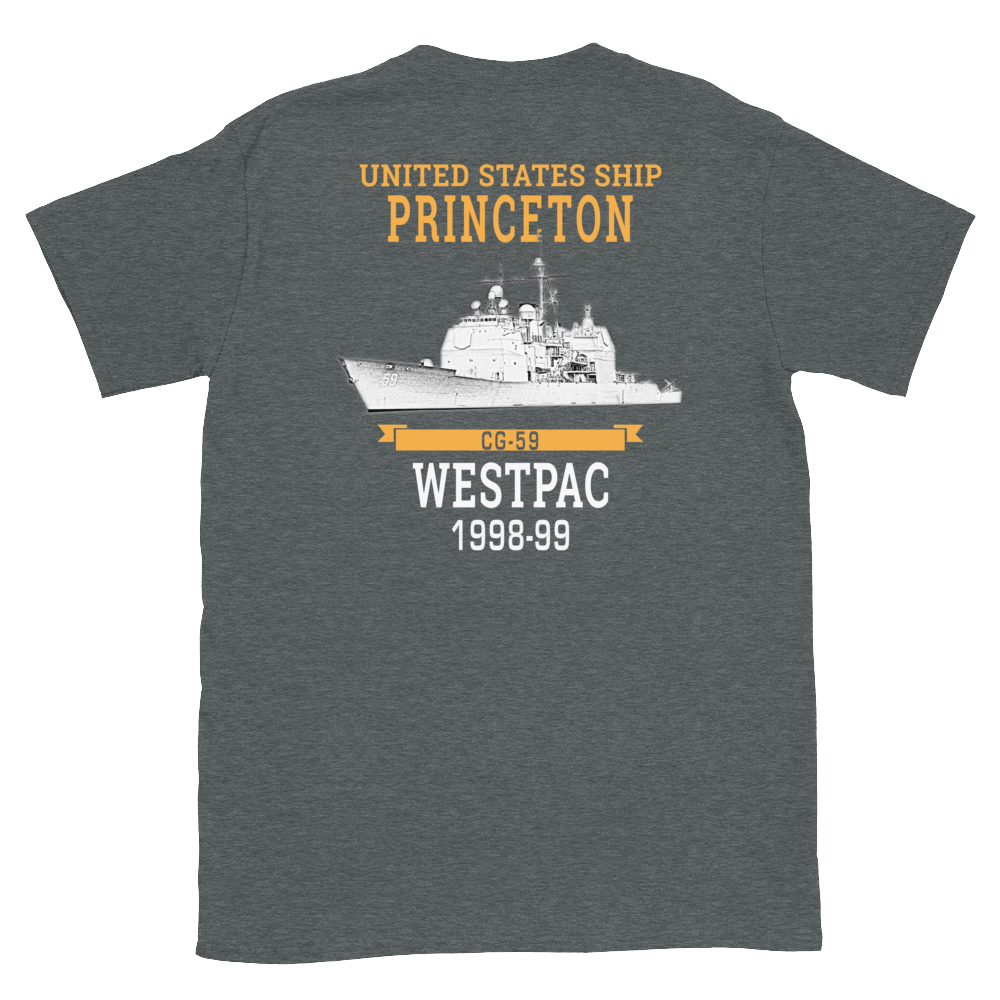 USS Princeton (CG-59) 1998-99 WESTPAC Short-Sleeve Unisex T-Shirt – back view, heather