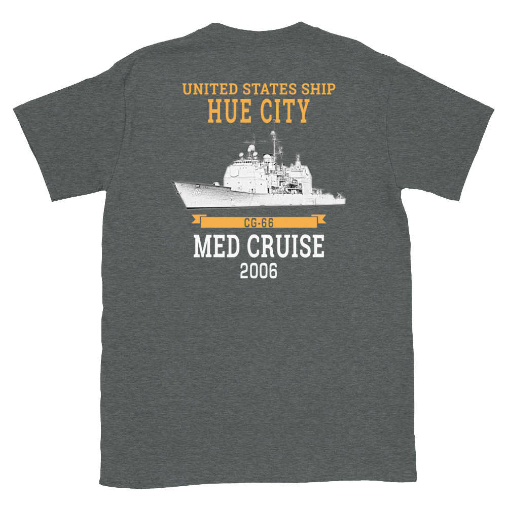 USS Hue City (CG-66) 2006 MED Short-Sleeve Unisex T-Shirt – back view, heather
