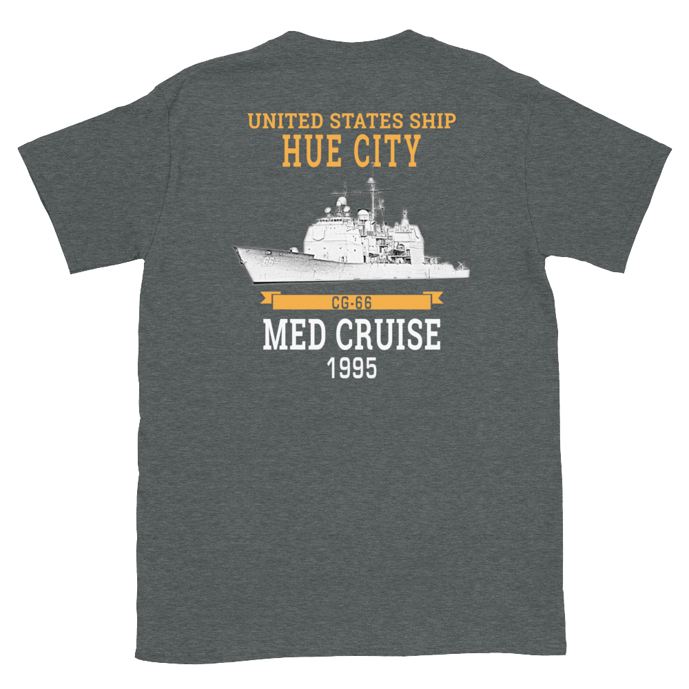 USS Hue City (CG-66) 1995 MED Short-Sleeve Unisex T-Shirt – back view, heather