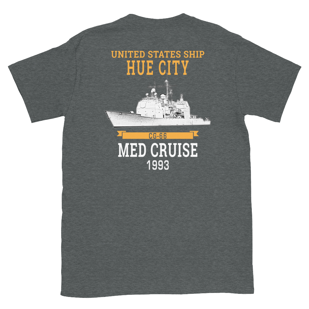 USS Hue City (CG-66) 1993 MED Short-Sleeve Unisex T-Shirt – back view, heather