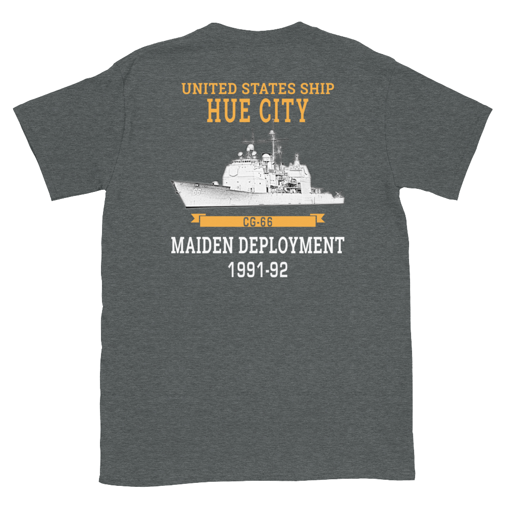 USS Hue City (CG-66) 1991-92 Maiden Short-Sleeve Unisex T-Shirt – back view, heather