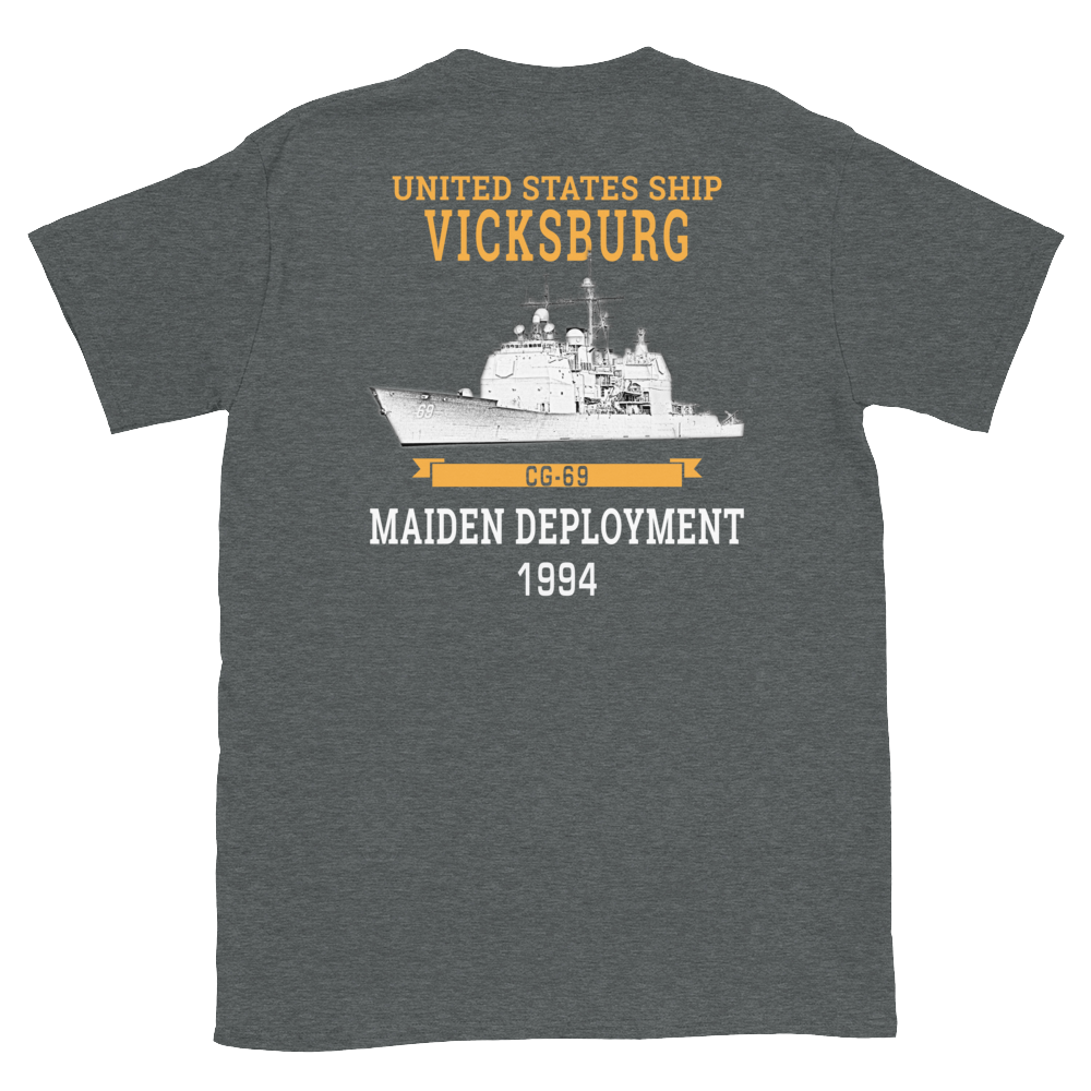 USS Vicksburg (CG-69) 1994 Maiden Deployment Short-Sleeve Unisex T-Shirt – back view, heather