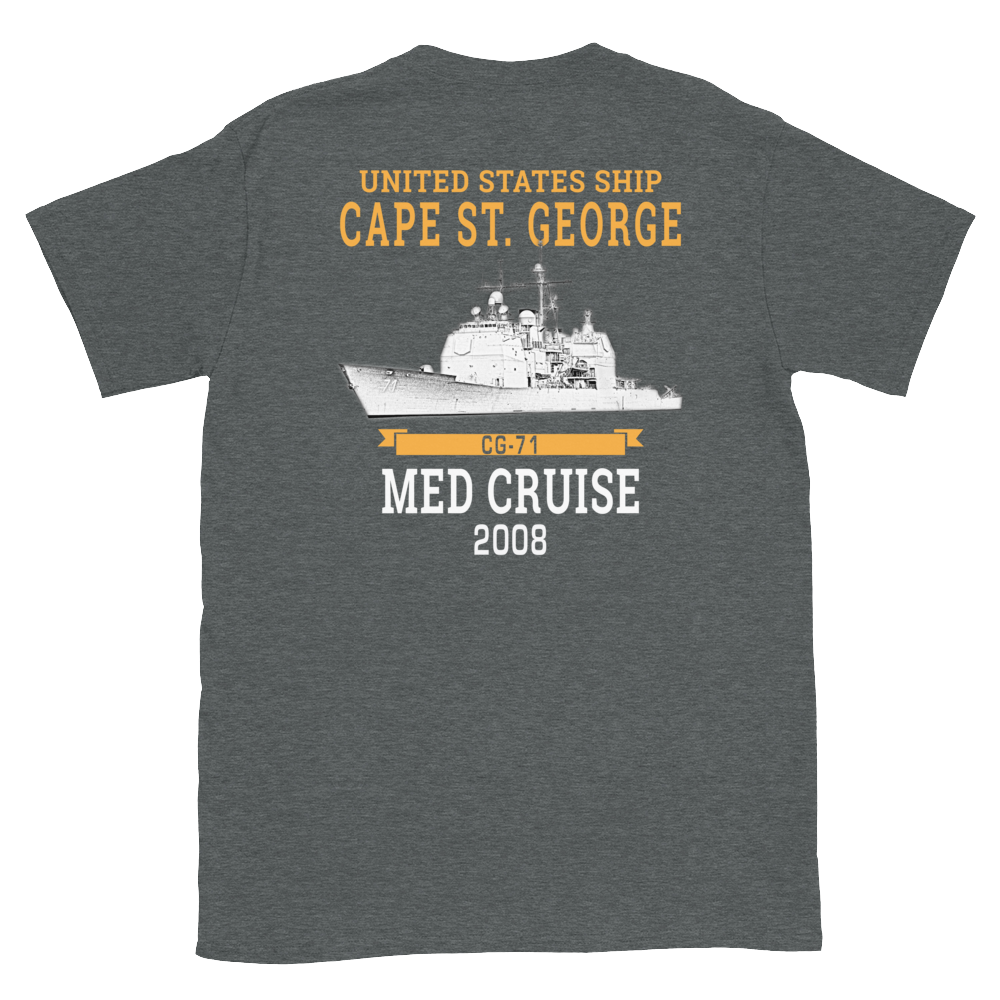USS Cape St. George (CG-71) 2008 MED Short-Sleeve Unisex T-Shirt – back view, heather