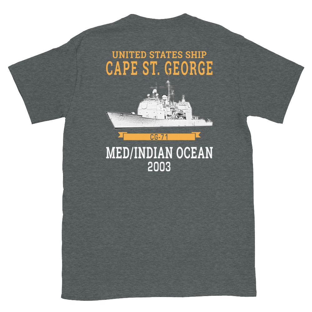 USS Cape St. George (CG-71) 2003 MED/IO Short-Sleeve Unisex T-Shirt – back view, heather
