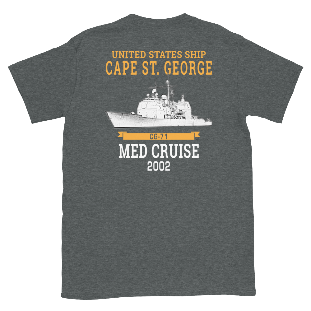 USS Cape St. George (CG-71) 2002 MED Short-Sleeve Unisex T-Shirt – back view, heather