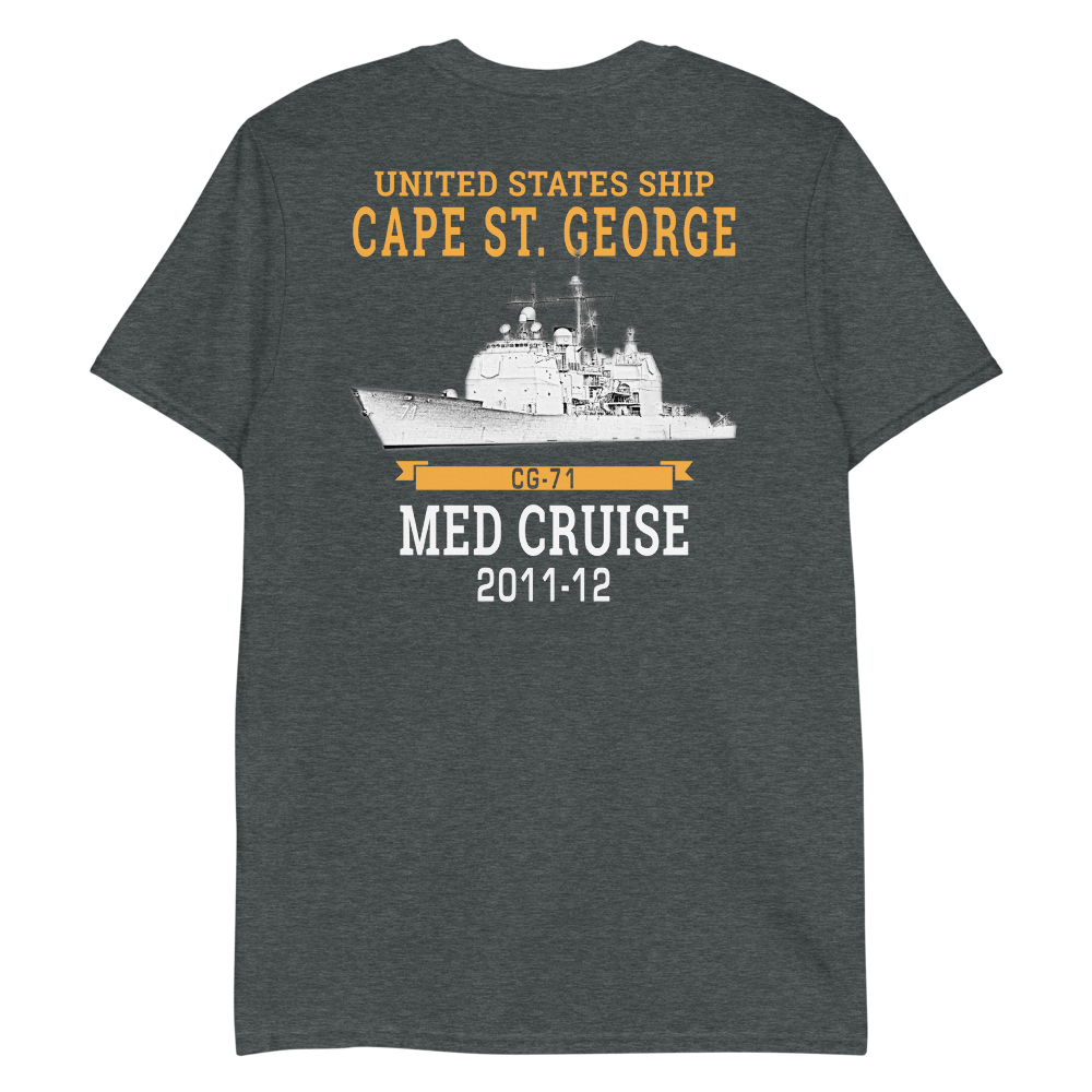 USS Cape St. George (CG-71) 2011-12 MED Short-Sleeve Unisex T-Shirt – back view, heather