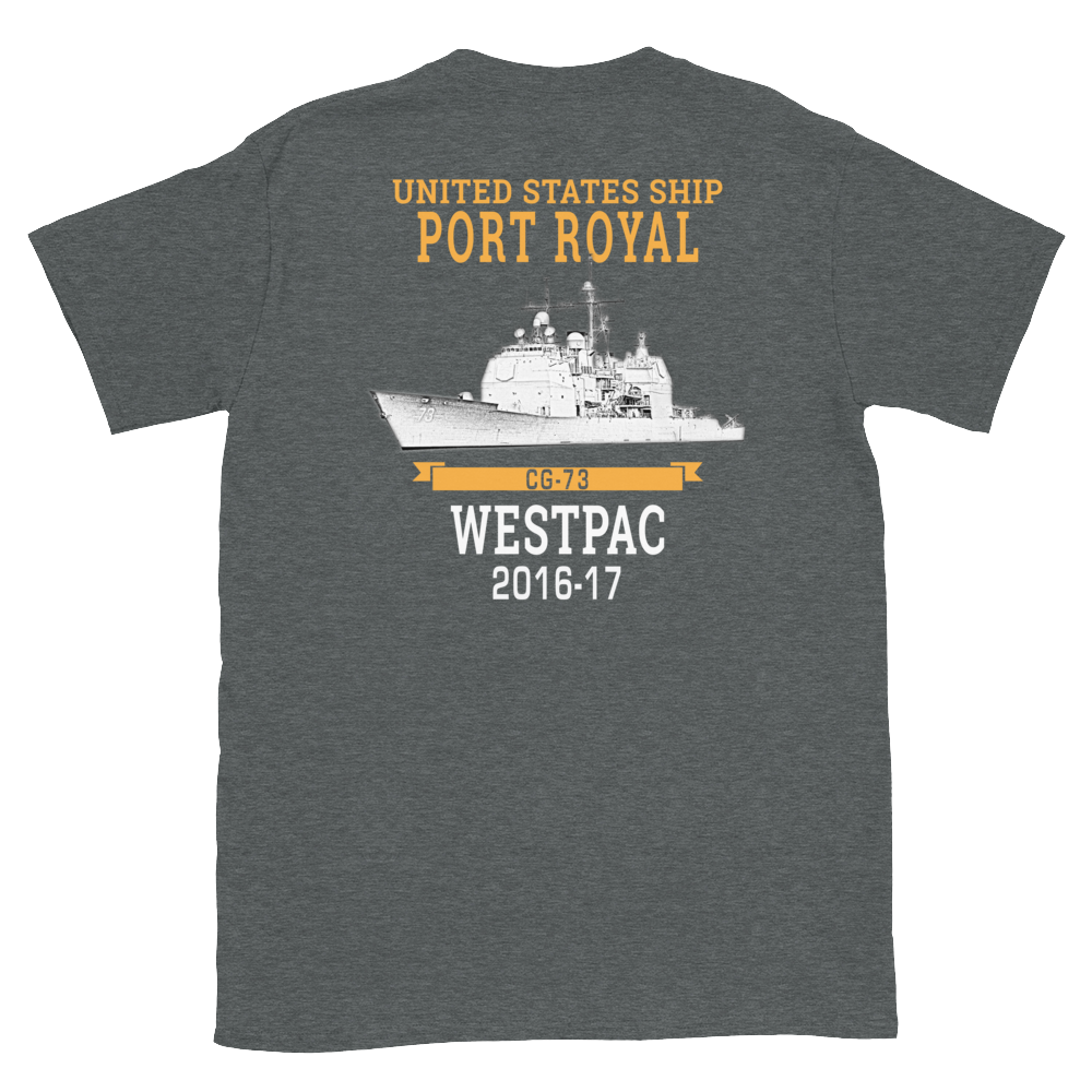 USS Port Royal (CG-73) 2016-17 WESTPAC Short-Sleeve Unisex T-Shirt – back view, heather