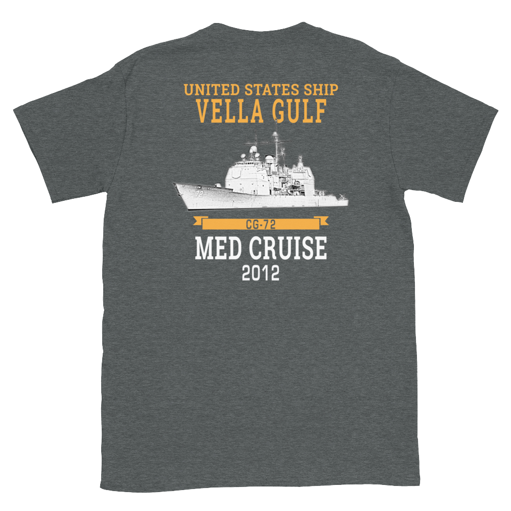 USS Vella Gulf (CG-72) 2012 MED Short-Sleeve Unisex T-Shirt – back view, heather
