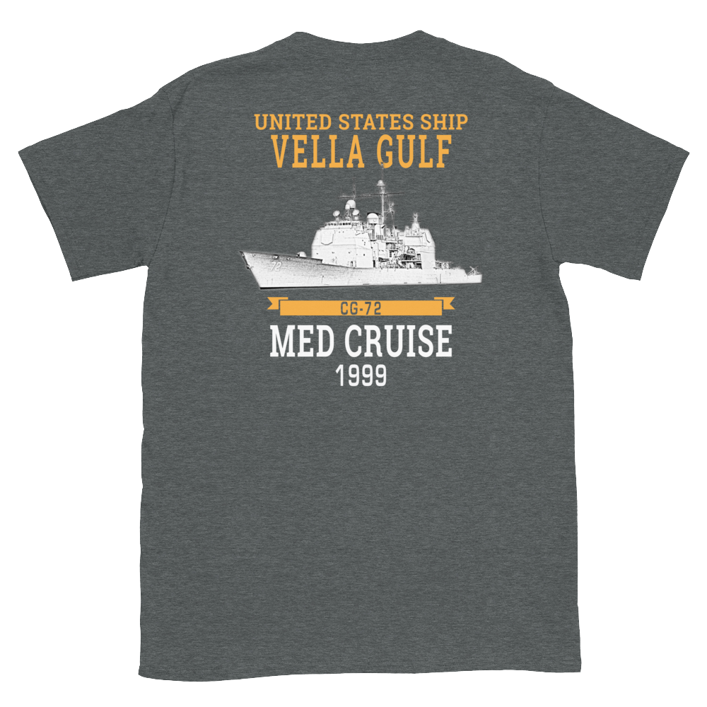 USS Vella Gulf (CG-72) 1999 MED Short-Sleeve Unisex T-Shirt – back view, heather